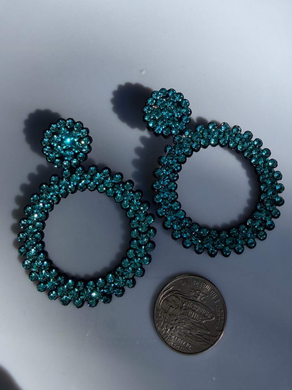 Teal Crystal Hoop Drop Earrings - Unbranded